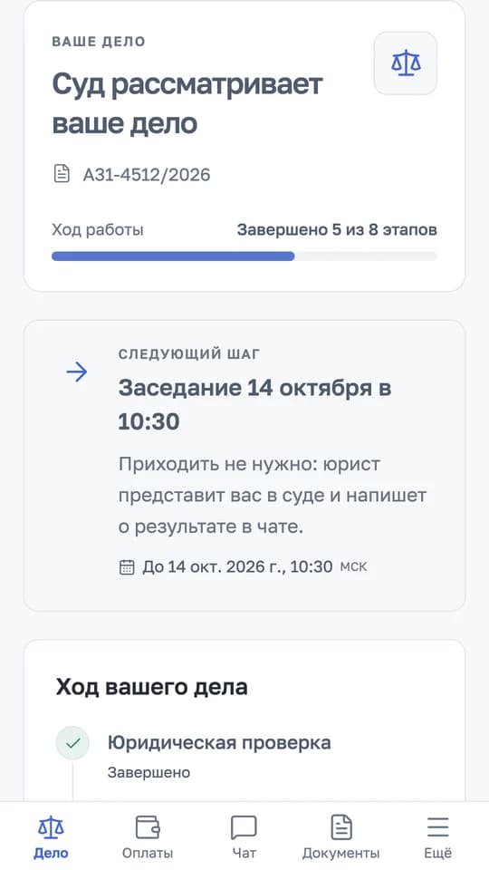 Экран «Дело» в приложении: стадия процедуры, номер дела, следующий шаг и ход работы