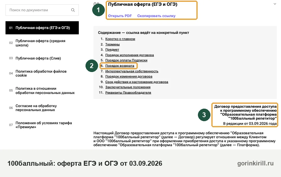 Страница документов 100балльного репетитора: оферта ЕГЭ и ОГЭ в редакции от 03.09.2026, раздел «Порядок возврата»