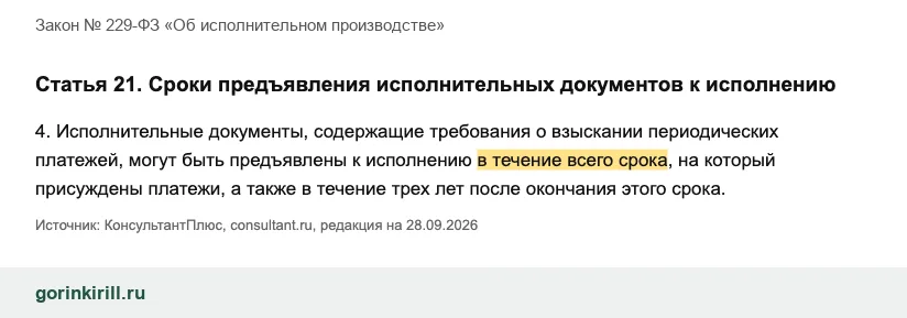 Часть 4 статьи 21 закона об исполнительном производстве: срок предъявления листа по алиментам
