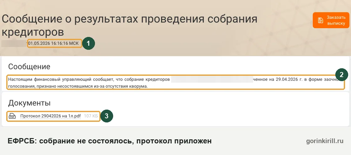 Сообщение в ЕФРСБ о результатах собрания кредиторов: заочное собрание не состоялось из-за отсутствия кворума