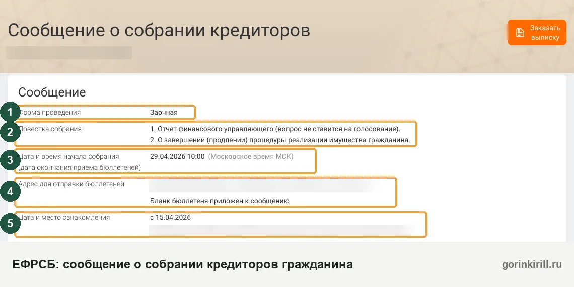 Сообщение о собрании кредиторов при банкротстве физического лица в ЕФРСБ: форма, повестка, дата, бюллетени