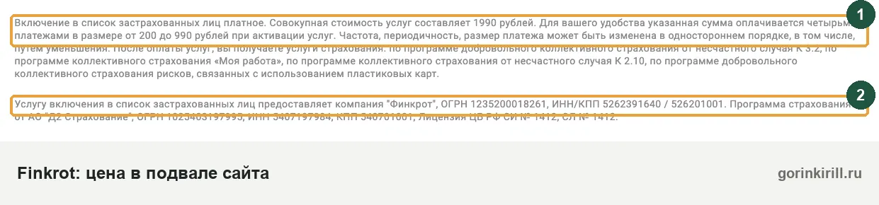 Finkrot списания: стоимость 1 990 ₽ четырьмя платежами от 200 до 990 ₽ по тексту на finkrot.ru