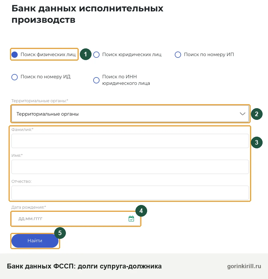 Банк данных исполнительных производств ФССП: поиск долгов супруга-должника по ФИО и дате рождения