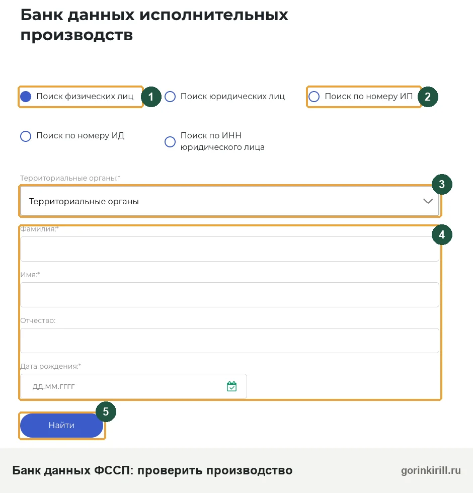 Пустая форма банка данных исполнительных производств ФССП: поиск по ФИО, дате рождения и номеру ИП