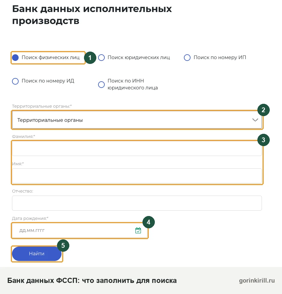 Банк данных исполнительных производств ФССП: поиск физического лица по региону, фамилии, имени и дате рождения