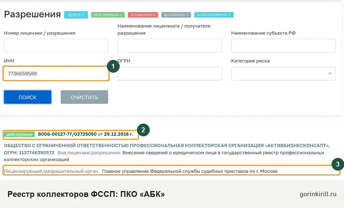 ПКО «АБК» в государственном реестре коллекторских организаций ФССП: статус «Действующая», дата внесения 29 декабря 2016 года