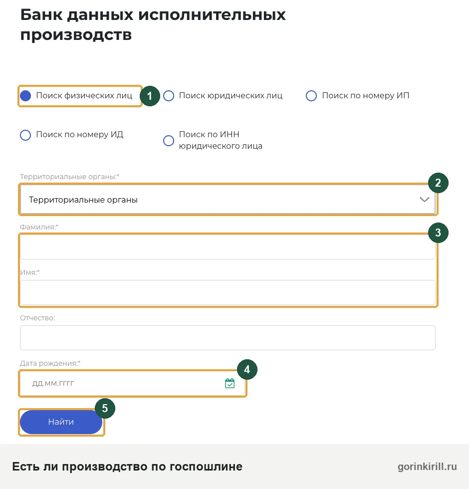 Банк данных ФССП: форма поиска исполнительного производства по госпошлине по фамилии и дате рождения