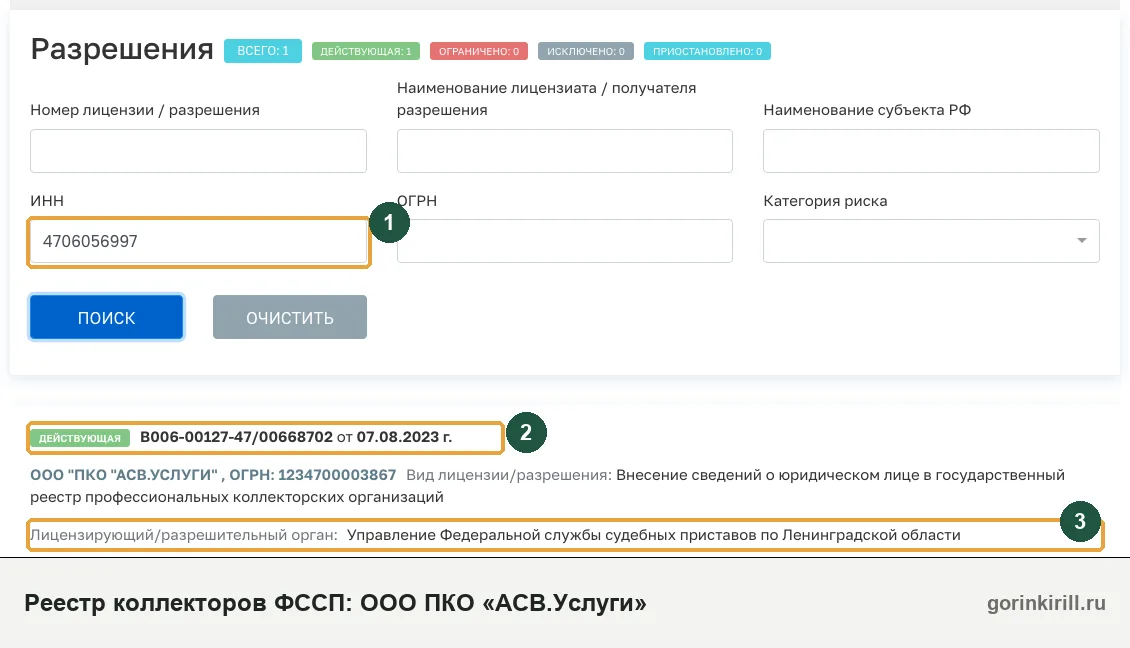 ООО ПКО «АСВ.Услуги» в государственном реестре коллекторских организаций ФССП: статус «Действующая», запись от 07.08.2023