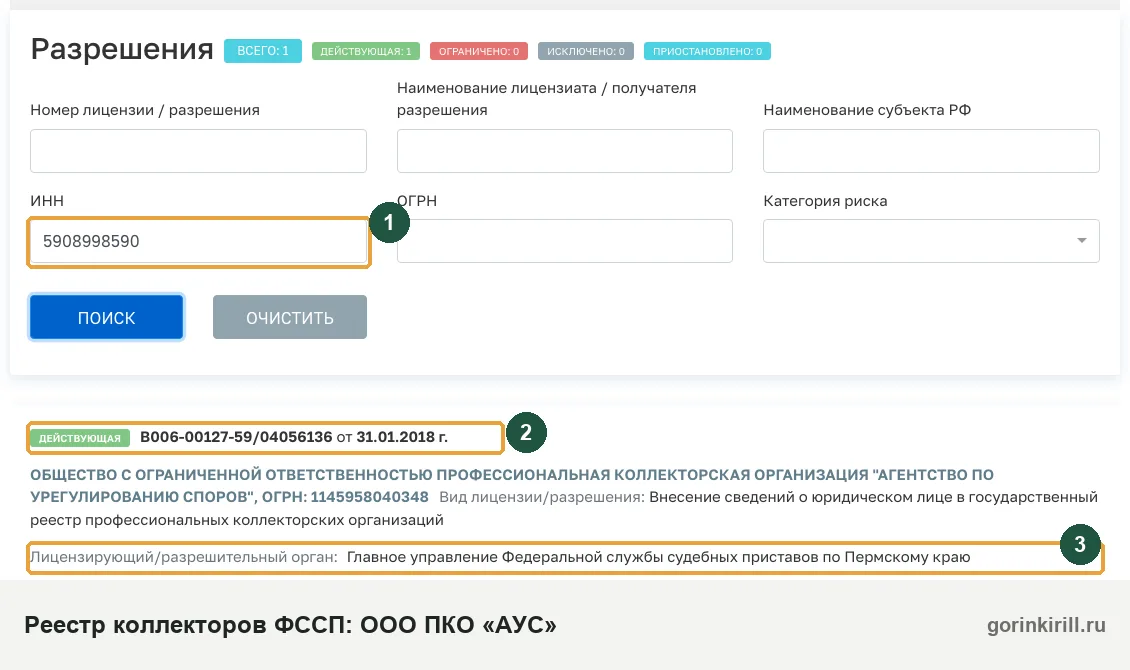 ООО ПКО «АУС» в государственном реестре коллекторских организаций ФССП: статус «Действующая», запись от 31.01.2018