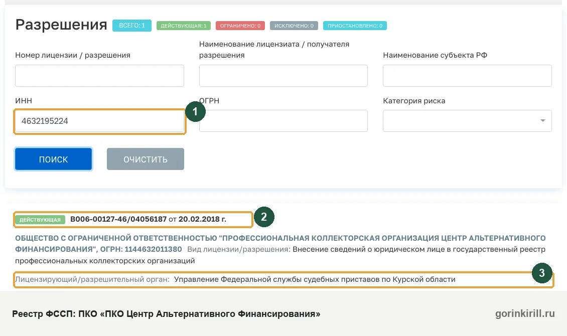 ООО «ПКО Центр Альтернативного Финансирования» в государственном реестре коллекторских организаций ФССП: статус «Действующая», запись от 20.02.2018
