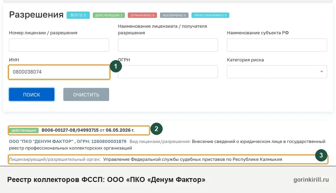 ООО «ПКО «Денум Фактор» в государственном реестре коллекторских организаций ФССП: статус «Действующая», запись от 06.05.2026