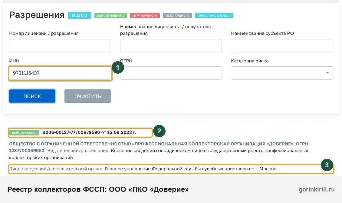 ООО «ПКО «Доверие» в государственном реестре коллекторских организаций ФССП: статус «Действующая», запись от 15.09.2023