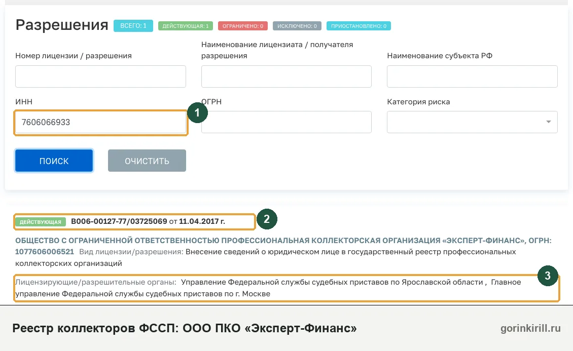 ООО ПКО «Эксперт-Финанс» в государственном реестре коллекторских организаций ФССП: статус «Действующая», запись от 11.04.2017