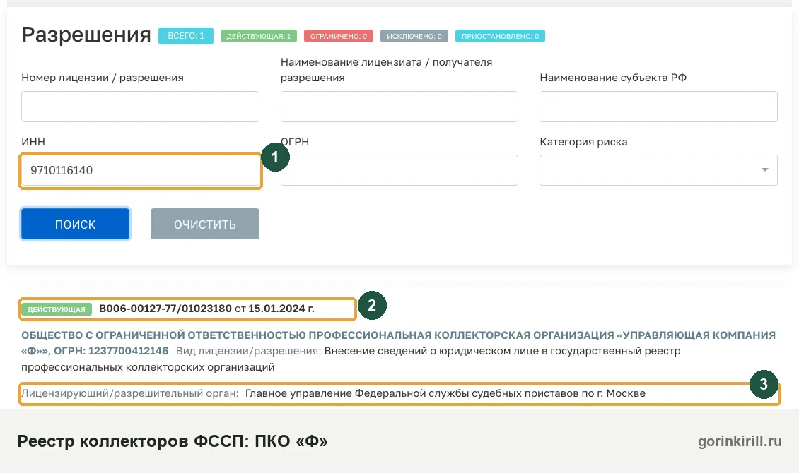 ООО ПКО «Управляющая компания «Ф»» в государственном реестре коллекторских организаций ФССП: статус «Действующая», запись от 15.01.2024