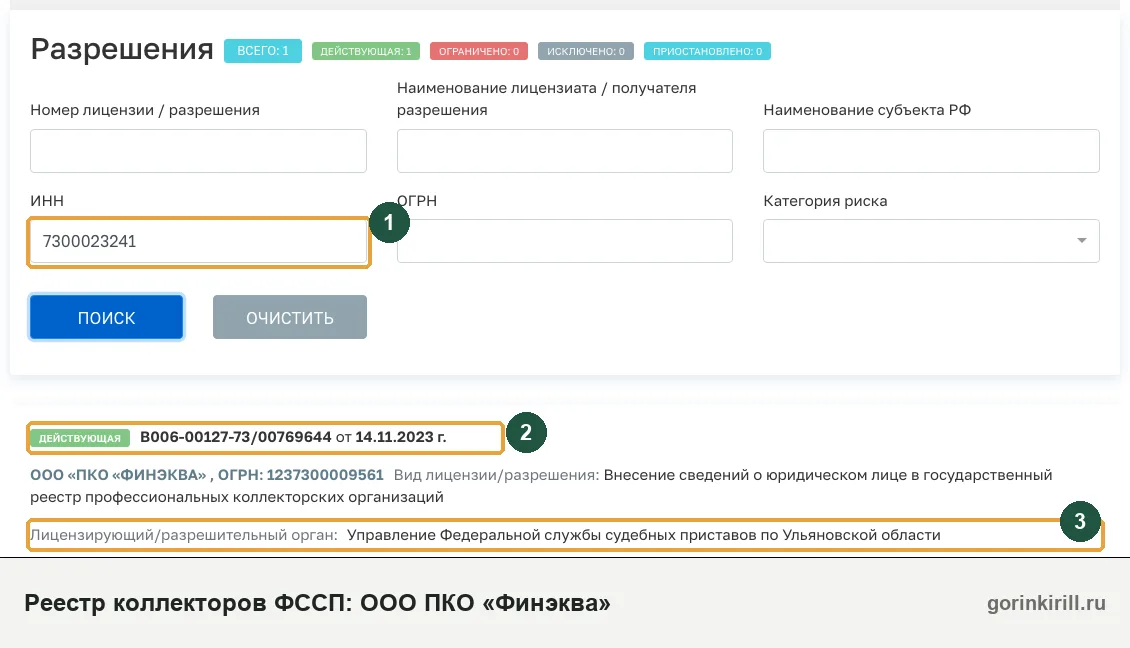 ООО ПКО «Финэква» в государственном реестре коллекторских организаций ФССП: статус «Действующая», запись от 14.11.2023