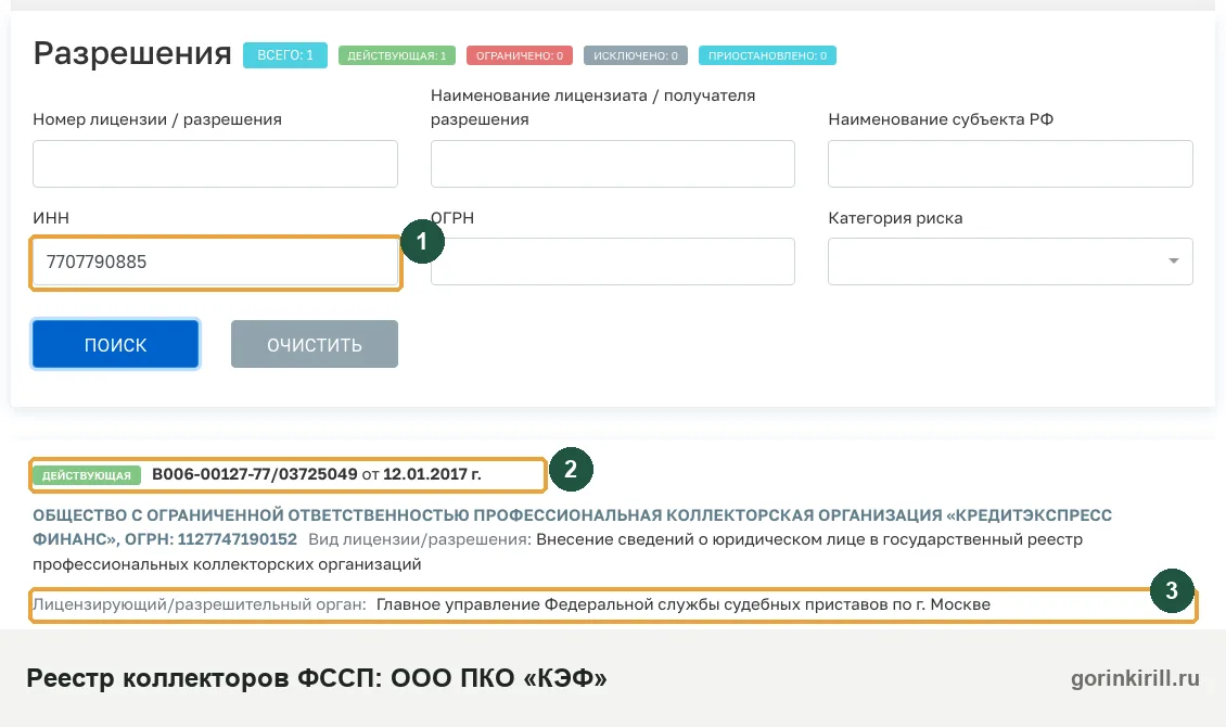 ООО ПКО «КЭФ» в государственном реестре коллекторских организаций ФССП: статус «Действующая», запись от 12.01.2017