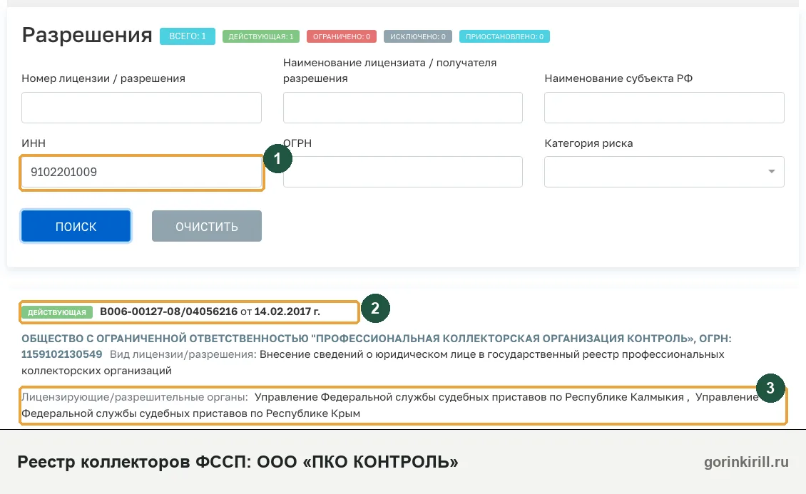 ООО «ПКО КОНТРОЛЬ» в государственном реестре коллекторских организаций ФССП: статус «Действующая», запись от 14.02.2017