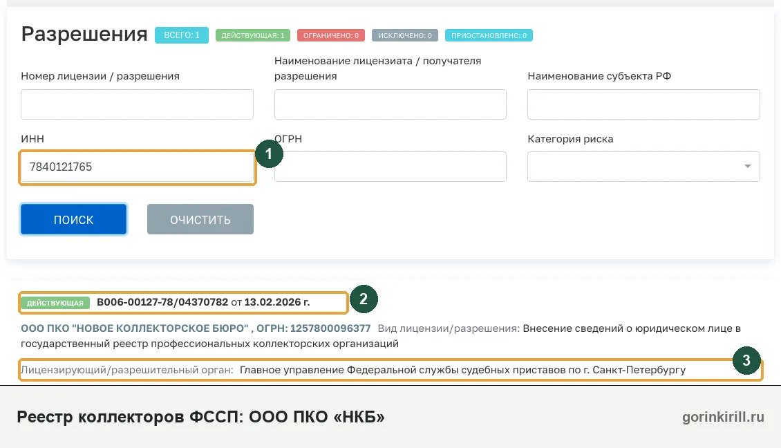 ООО ПКО «НКБ» в государственном реестре коллекторских организаций ФССП: статус «Действующая», запись от 13.02.2026