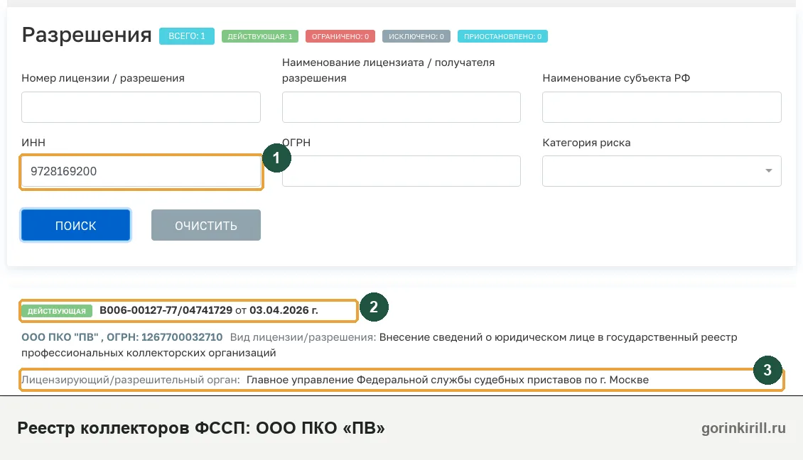 ООО ПКО «ПВ» в государственном реестре коллекторских организаций ФССП: статус «Действующая», запись от 03.04.2026