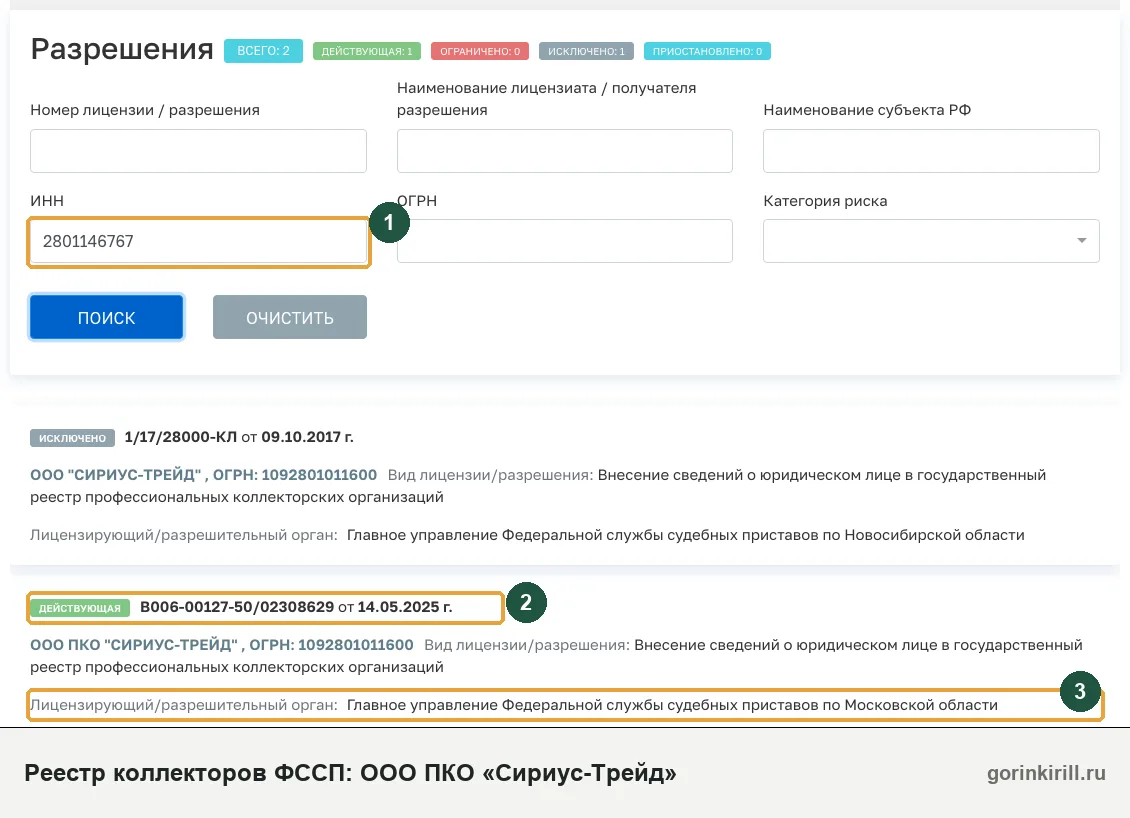 ООО ПКО «Сириус-Трейд» в государственном реестре коллекторских организаций ФССП: статус «Действующая», запись от 14.05.2025