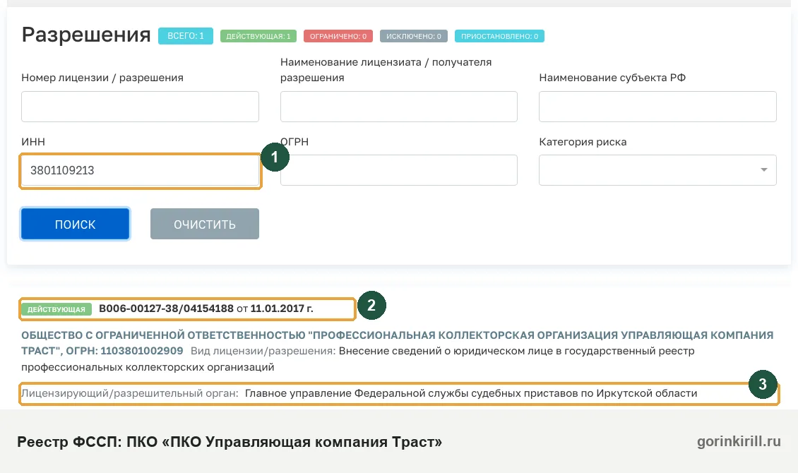 ООО «ПКО Управляющая компания Траст» в государственном реестре коллекторских организаций ФССП: статус «Действующая», запись от 11.01.2017