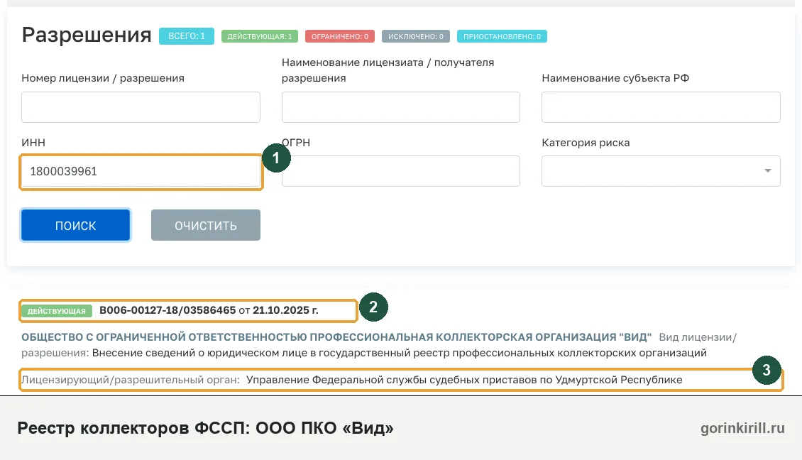 ООО ПКО «Вид» в государственном реестре коллекторских организаций ФССП: статус «Действующая», запись от 21.10.2025