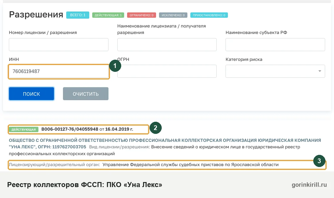 ООО ПКО «Юридическая компания «Уна Лекс» в государственном реестре коллекторских организаций ФССП: статус «Действующая», запись от 16.04.2019