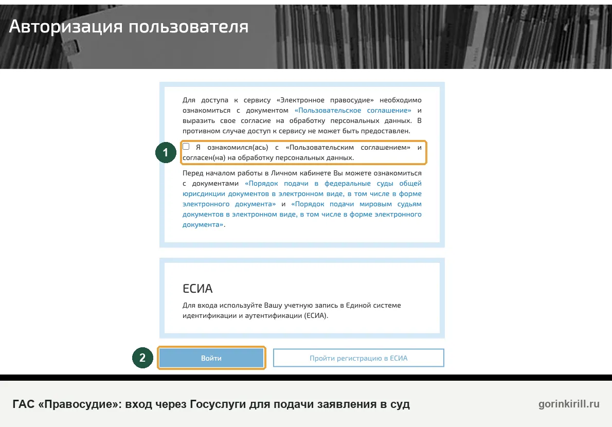 Вход в ГАС «Правосудие» через Госуслуги: согласие с соглашением и кнопка «Войти»