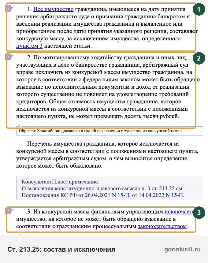 Конкурсная масса при банкротстве физического лица: пункты 1–3 ст. 213.25 закона о банкротстве на КонсультантПлюс
