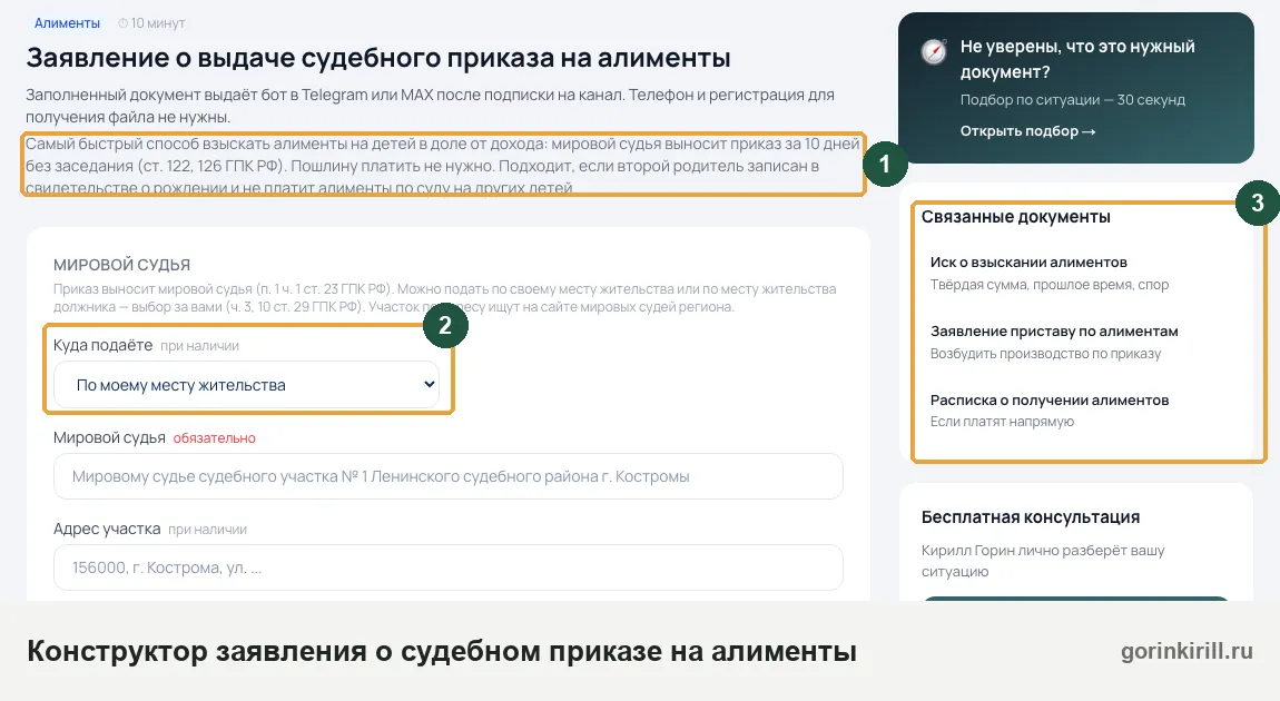 Конструктор заявления о судебном приказе на алименты без адвоката: суд, пошлина, связанные документы