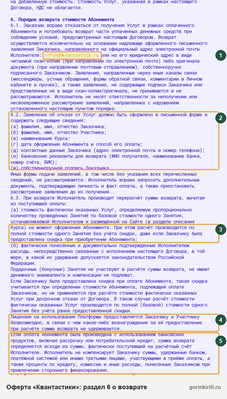 Раздел 6 оферты Квантастики о возврате денег: адрес refund, состав заявления, удержания, лицензия, кредит