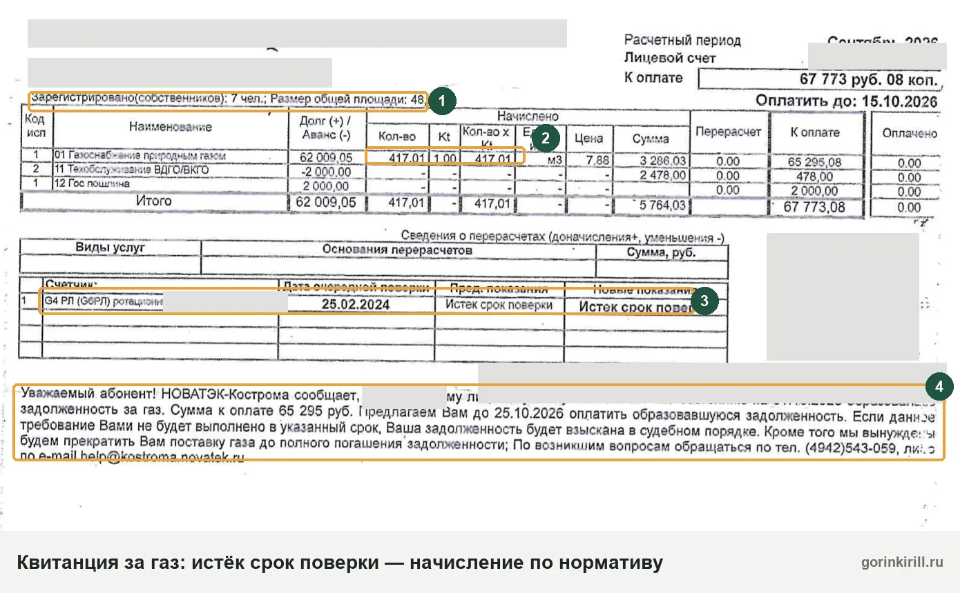 Квитанция за газ с истёкшим сроком поверки счётчика: начисление по нормативу на 7 человек