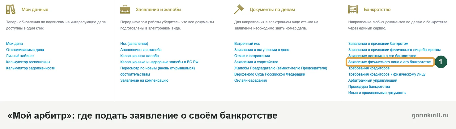 Где в системе «Мой арбитр» подать заявление физического лица о его банкротстве