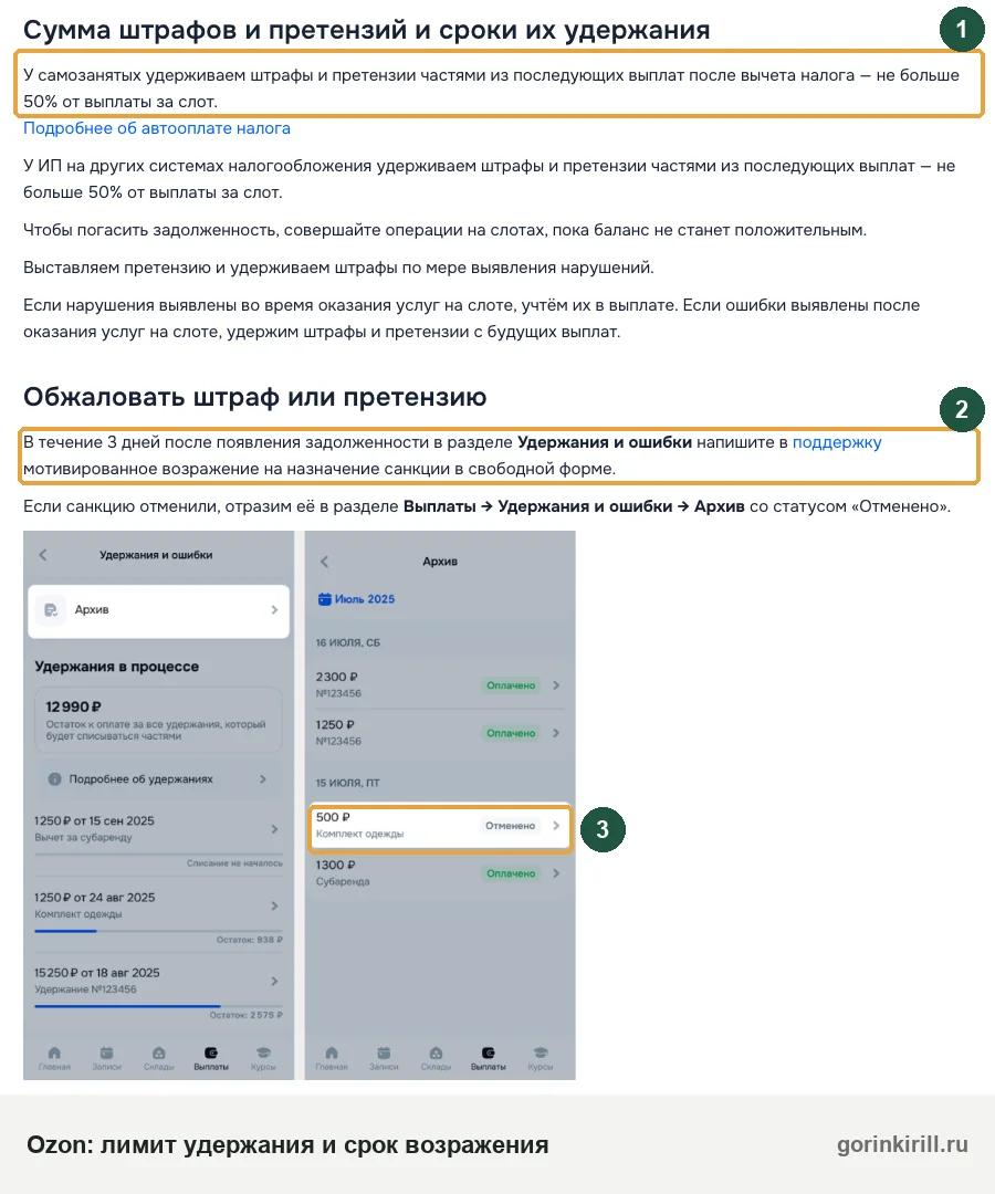 Справка Ozon Job о сроке обжалования штрафа: возражение в течение 3 дней, отменённые санкции в архиве