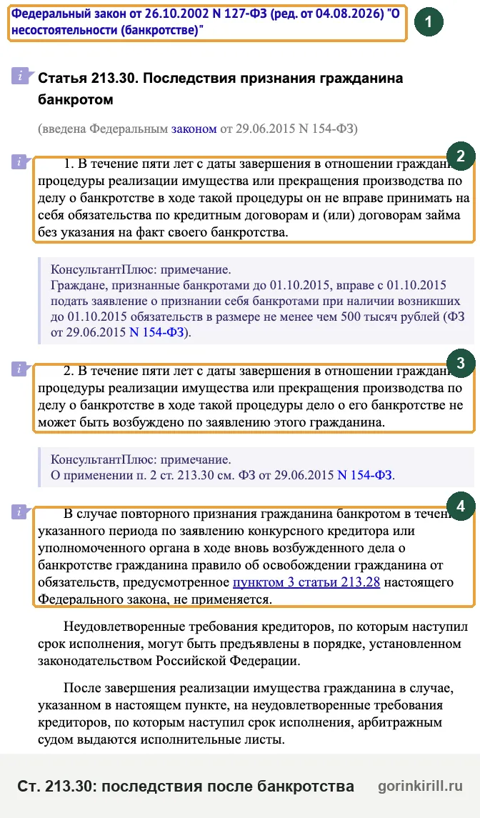 Последствия банкротства физического лица в ст. 213.30 закона о банкротстве на КонсультантПлюс